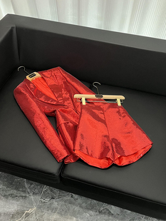 新年大红色亮片中长款西装上衣短裤跨境时尚套裤两件套B9813