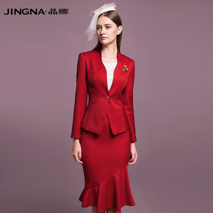 晶娜品牌女装红色小西装，修身收腰显瘦职业女装外套短款小外套