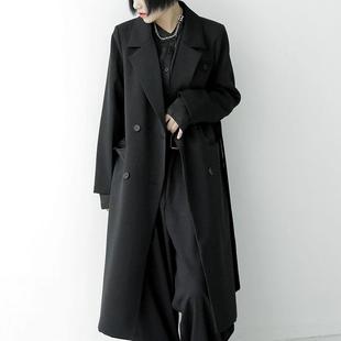黑色双排扣长款西装外套女中长款2021秋冬韩版宽松风衣外套