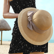 草帽女沙滩小清新可折叠女士大檐遮阳帽子夏季防晒蝴蝶结海滩度假