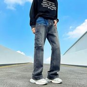 工装拼色牛仔裤男潮牌高街美式直筒宽松休闲裤子设计感小众设计感