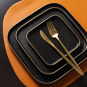 黑色磨砂带金边陶瓷正方形盘子，家用牛排餐盘西餐盘点心盘碟子餐具