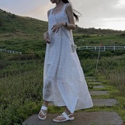 韩国chic夏季气质方领镂空钩花刺绣白色长款蕾丝背心吊带连衣裙女