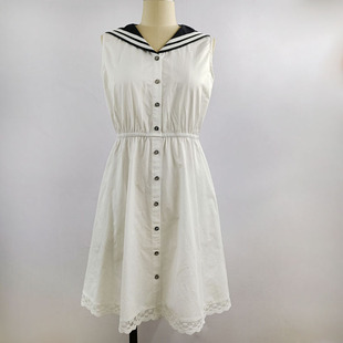 夏季纯棉海军，领撞色蕾丝花边白色连衣裙，学院风黑色收腰中长