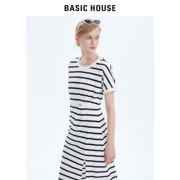 Basic House/百家好假两件卫衣长裙2024夏季条纹收腰连衣裙女