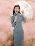 蓝色旗袍连衣裙冬季加厚改良版年轻款少女高端气质长袖高级感新式