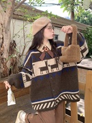 大码女装森系复古学生宽松针织，开衫外套+衬衫，两件套秋季胖mm套装