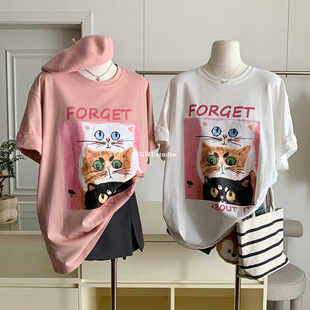 粉色短袖t恤女夏季中长款oversize猫咪卡通印花宽松大版半袖上衣
