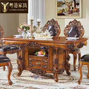 粤港家具欧式餐桌大理石面高档实木，雕花长方形饭桌家具美式餐桌