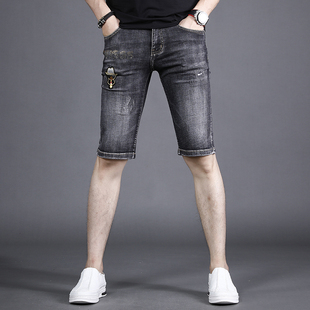 灰黑色牛仔短裤男夏季薄款修身刺绣男士高端五分休闲弹力牛仔裤子