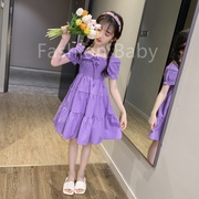 女童夏装连衣裙2024大童小女孩，紫色裙子夏季泡泡，袖洋气公主裙