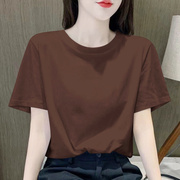 纯色圆领T恤女宽松2024年夏季常规正肩纯棉咖啡色短袖上衣潮