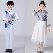 儿童古筝演出服女童白色长裙中小学生诗歌朗诵大合唱表演服中国风