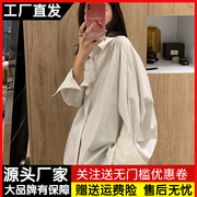 条纹长袖衬衫女宽松中长款设计感小众上衣bf风休闲百搭衬衣外套秋