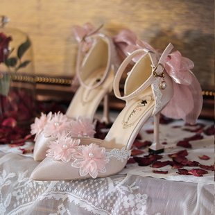 lolita粉色鞋成人礼高跟鞋一夜物语洛丽塔鞋水晶婚鞋尖头细跟lo鞋