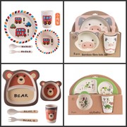 创意环保竹纤维儿童餐具，套装5件套幼儿园宝宝，卡通分格碗餐盘