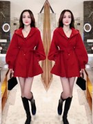 2023秋冬风衣外套女高级感洋气时尚红色收腰系带显瘦短款上衣