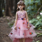 亚马逊女童亮片拖尾公主连衣裙儿童，孔雀彩色婚纱礼服裙六一演出服