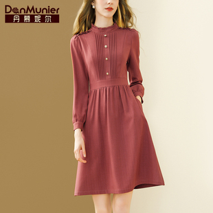丹慕妮尔法式长袖红色连衣裙，女春秋立领气质，收腰显瘦中长裙子
