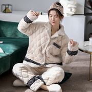 睡衣女士冬季超厚三层夹棉珊瑚绒中长款加绒加厚家居服套装法兰绒