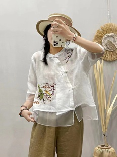 中国民族风刺绣高支苎麻上衣女2023夏季妈妈小衫白色棉麻衬衫
