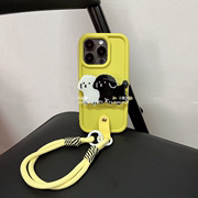 暖黄色可爱黑白小狗支架适用iphone15promax手机壳苹果13手绳12保护套14Pro女1112Pro全包防摔13Pro硅胶