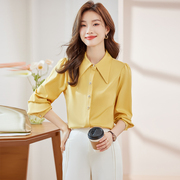 高端醋酸缎面长袖衬衫女2023流行高级感时尚气质黄色雪纺衬衣