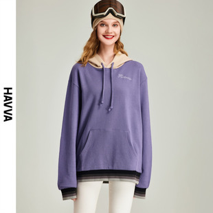 HAVVA2024春季卫衣女小个子连帽短款宽松帽衫紫色上衣V9096