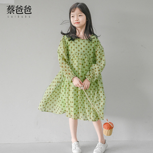 蔡爸爸童装小清新春装小个子女装波点裙子，绿色少女长袖连衣裙1286