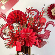 新年吉祥飘带福桶福盒摆件，装饰塑型造型红色，缎带丝带年宵花盒挂饰
