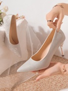 婚鞋女银色高跟鞋尖头2023秋季款水晶两穿新娘鞋婚礼订婚单鞋细跟