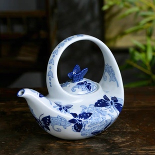 青花瓷手绘花蝴蝶艺术茶壶茶杯茶具套装中式古典家居一壶四杯