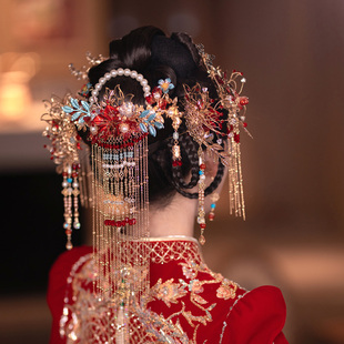 中式新娘头饰饰品，古典结婚红蓝色大后期流苏，古风婚礼秀禾发饰