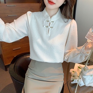 中国风高档盘扣长袖雪纺衬衫，女装秋季2023洋气，时髦设计感小衫