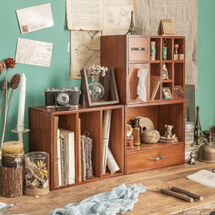 桌面收纳盒办公室书桌抽屉，置物架复古木制文具，手账印章柜分隔书架