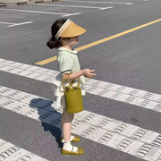 韩版童装2024夏季女童泡泡袖镂空针织上衣洋气蕾丝裙裤两件套