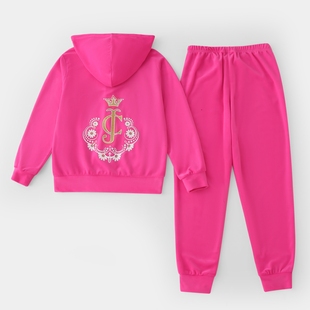 2024春秋女大童女孩时尚，玫粉色天鹅绒套装时髦运动服两件套