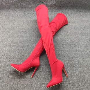 红色过膝侧拉链弹力靴女出口美国单外贸(单外贸)尖头细跟超高跟大码长靴女