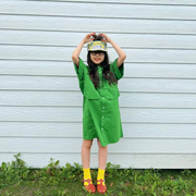 春夏女童连衣裙日系刺绣，大口袋衬衫款绿色显白亲子款复古长裙
