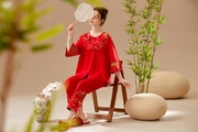 本命年民族风大码龙年中年女睡衣圆领休闲开衫新中式家居服中国红