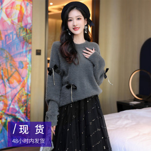 yesjing原创设计2022秋冬黑色，气质针织毛衣百褶半身裙两件套装裙