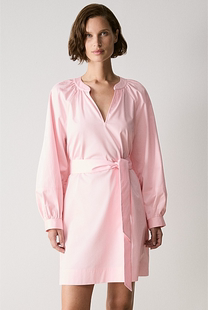 纯原澳洲trene*y粉色纯棉v领系腰带长袖，女士连衣裙a字裙2024春季