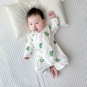 婴儿夏季连体衣纯棉长袖新生儿衣服，超薄满月宝宝哈衣空调服睡衣a