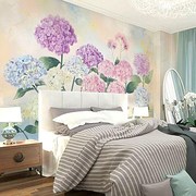 简约花朵田园温馨手绘紫色，绣球花沙发卧室房间，背景墙壁纸墙布壁画