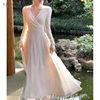 NinaLady温柔法式连衣裙网纱高级感小众设计感白色V领长袖长裙子