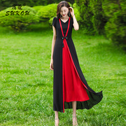 黑红拼接雪纺裙女2023新中式，大摆赫本风，长裙高端精致连衣裙子