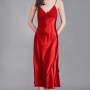 日本冰丝吊带睡裙女夏季性感x红色真丝绸中长款蕾丝背心睡衣连衣