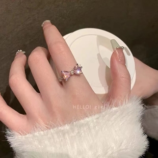 粉色蝴蝶结开口可调节戒指，女小众设计感爱心食指戒时尚精致指环