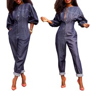 women'slong-sleeveddenimjumpsuit女宽松长袖牛仔，连体九分裤