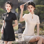 黑色旗袍裙女时尚年轻款少女，改良气质小个子显瘦日常可穿低领短